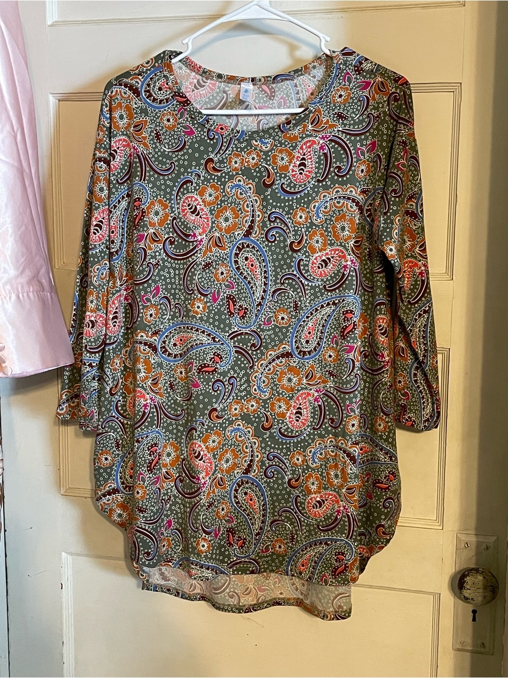 Paisley 3/4 Sleeve Tunic Top - Olive with Pink & Orange Accents